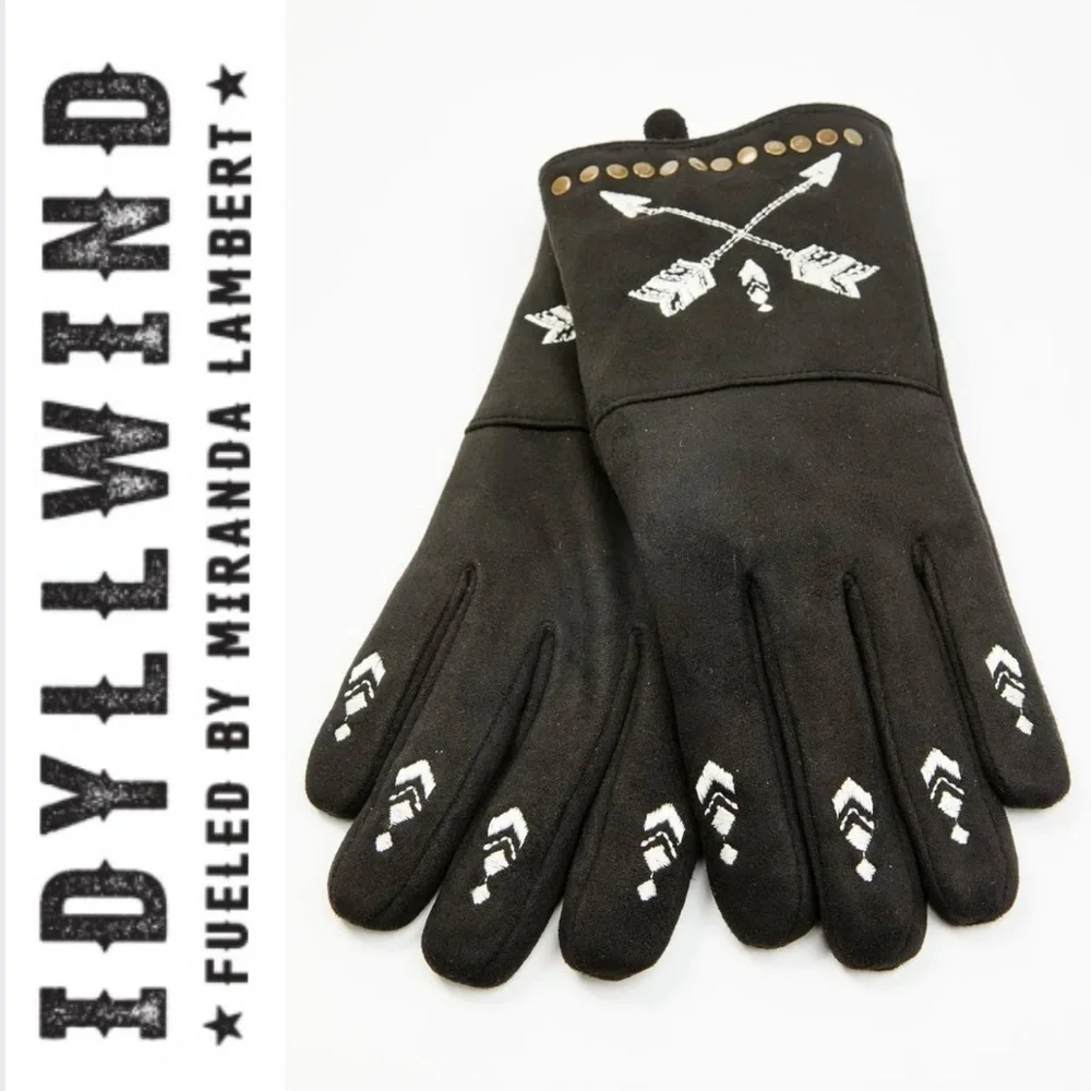 IDYLLWIND HALEY CROSS ARROW GLOVES Faux Suede Gloves w/ White Embroidered Arrows